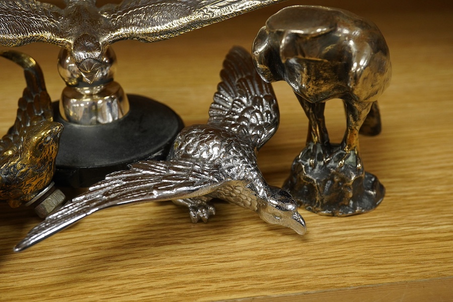 Five chrome plated bird themed car mascots, including three swallows, a partridge and an eagle. Condition - fair.